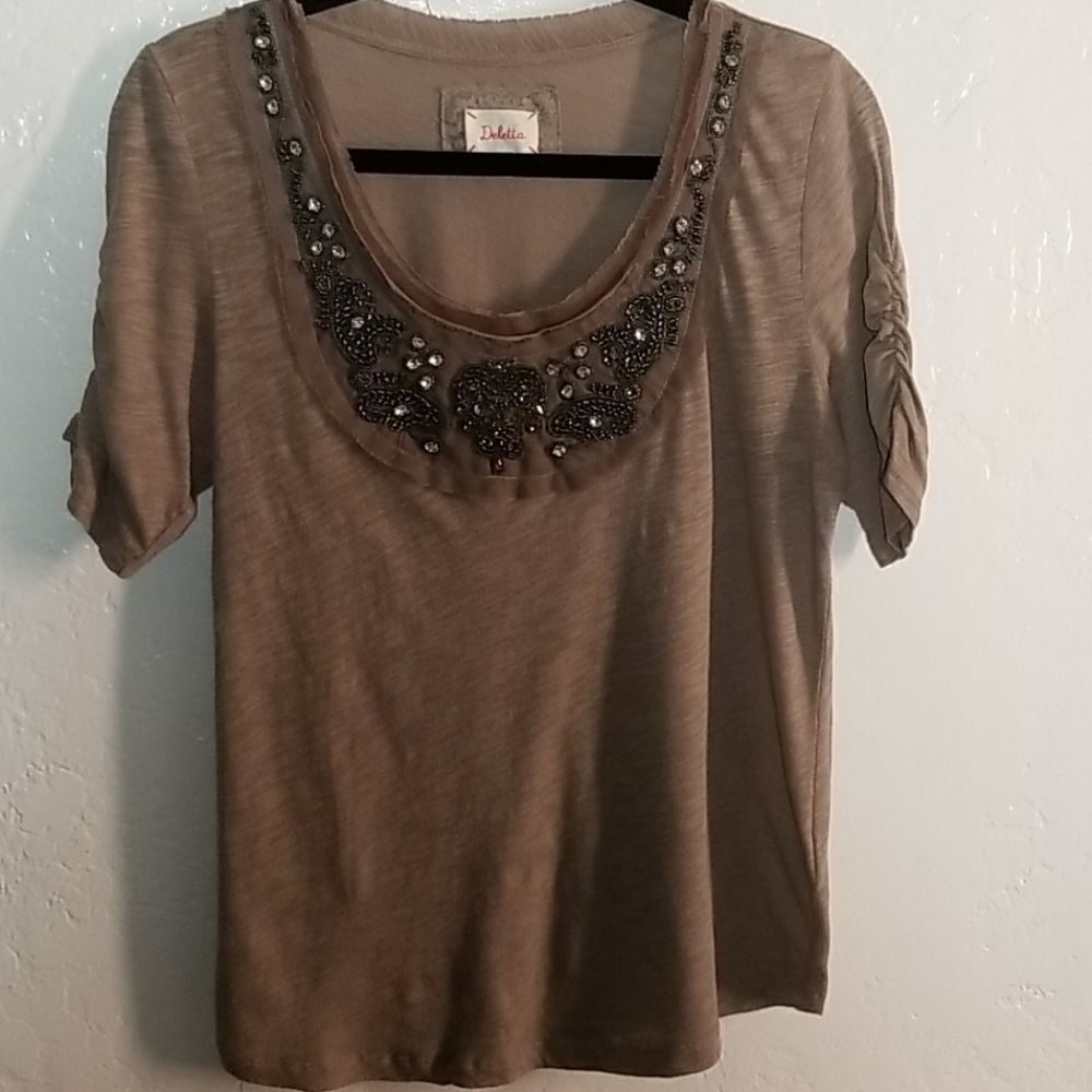 Anthropologie Deletta Brown Beaded Scoop Neck Top